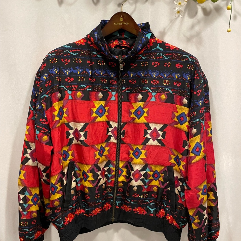 Funky Vintage 80’s oversized silk track jacket aztec pockets - Picture 5 of 5